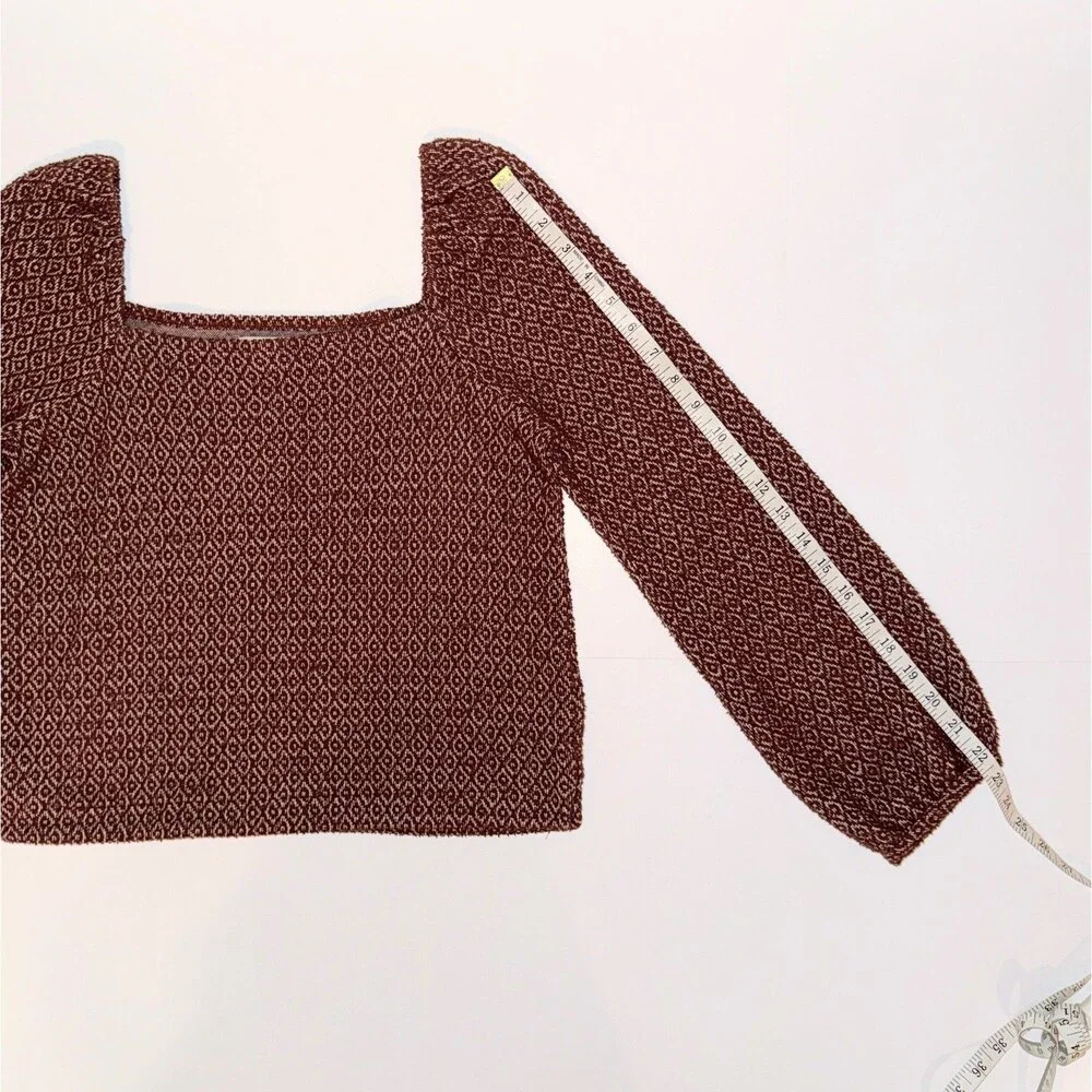 Madewell Jacquard Puff Sleeve Crop Top Square Neck Blouse Dark Merlot Rust sz XS